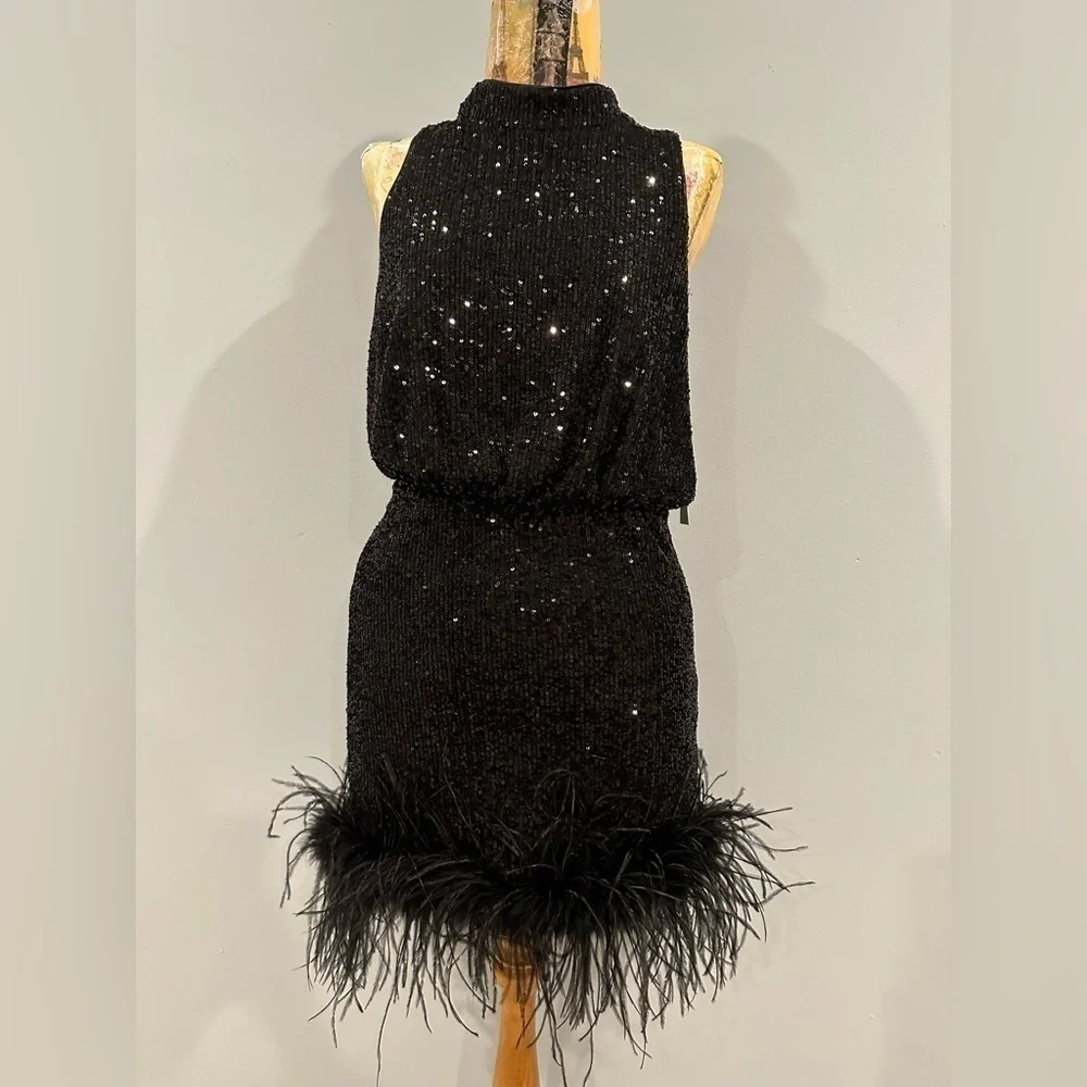 Eliza J Mock Neck Feather Hem Blouson Waist Sequin Sleeveless dress black 8P NWT - Picture 1 of 13
